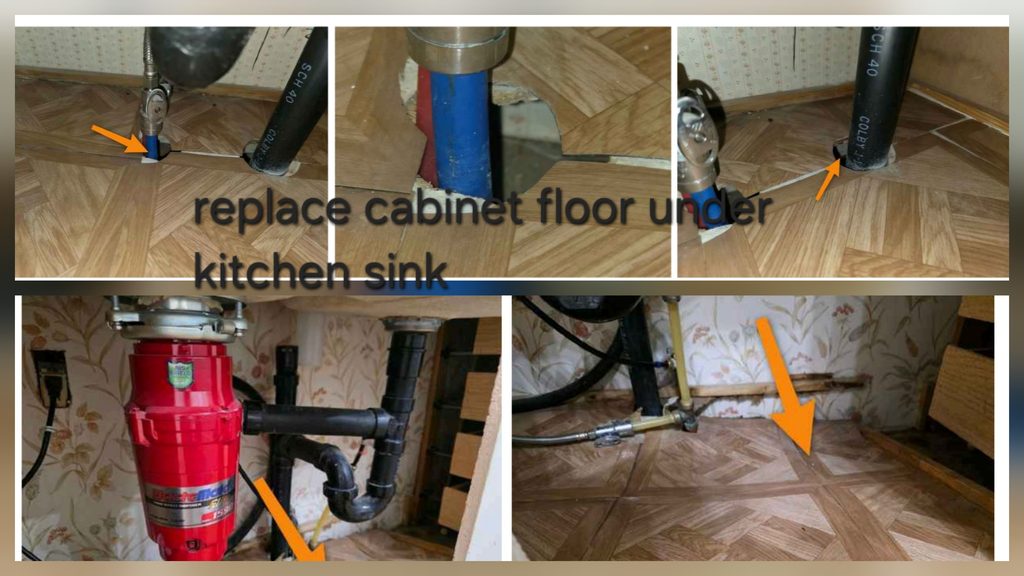 Collapsed kitchen sink cabinet base before repair by Blue Line Home Services.